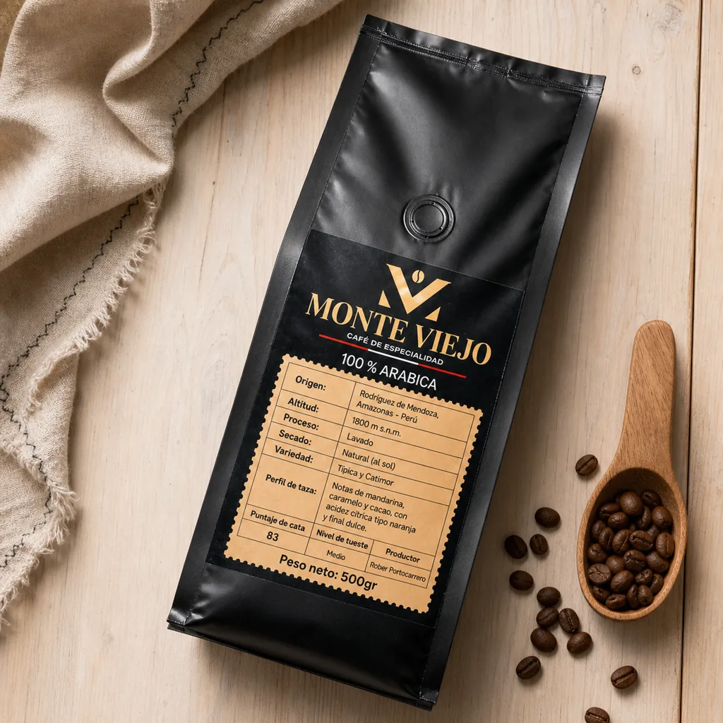 Vista cenital de la bolsa Monte Viejo con granos de café