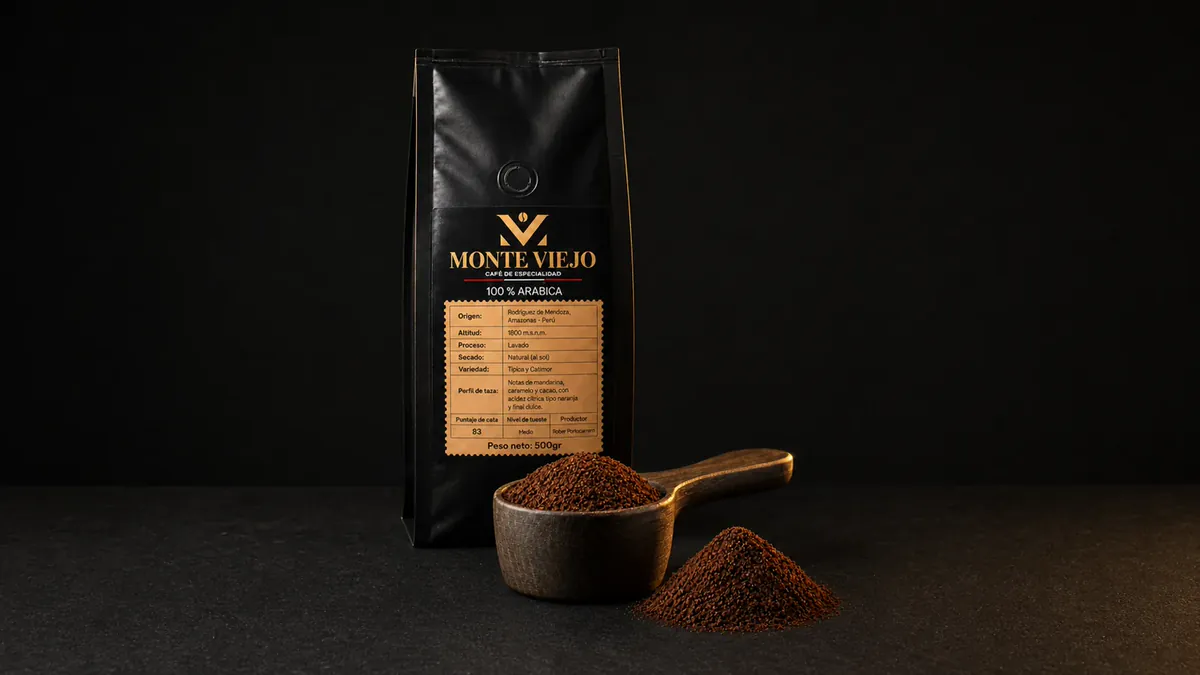 Bolsa Monte Viejo detrás de una cuchara con café molido