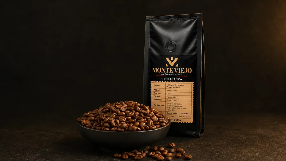 Bolsa Monte Viejo detrás de un recipiente con café tostado en grano