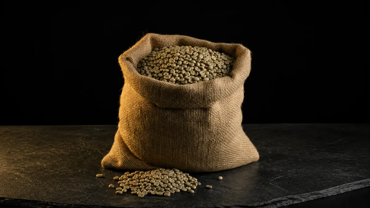 Saco abierto con granos de café verde sin tostar